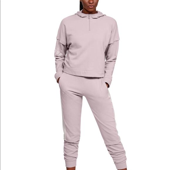 Under Armour Sweatshirt NWT Dusty Pink Cropped Hooded 1/4 Zip Logo Women's Large - Picture 4 of 5